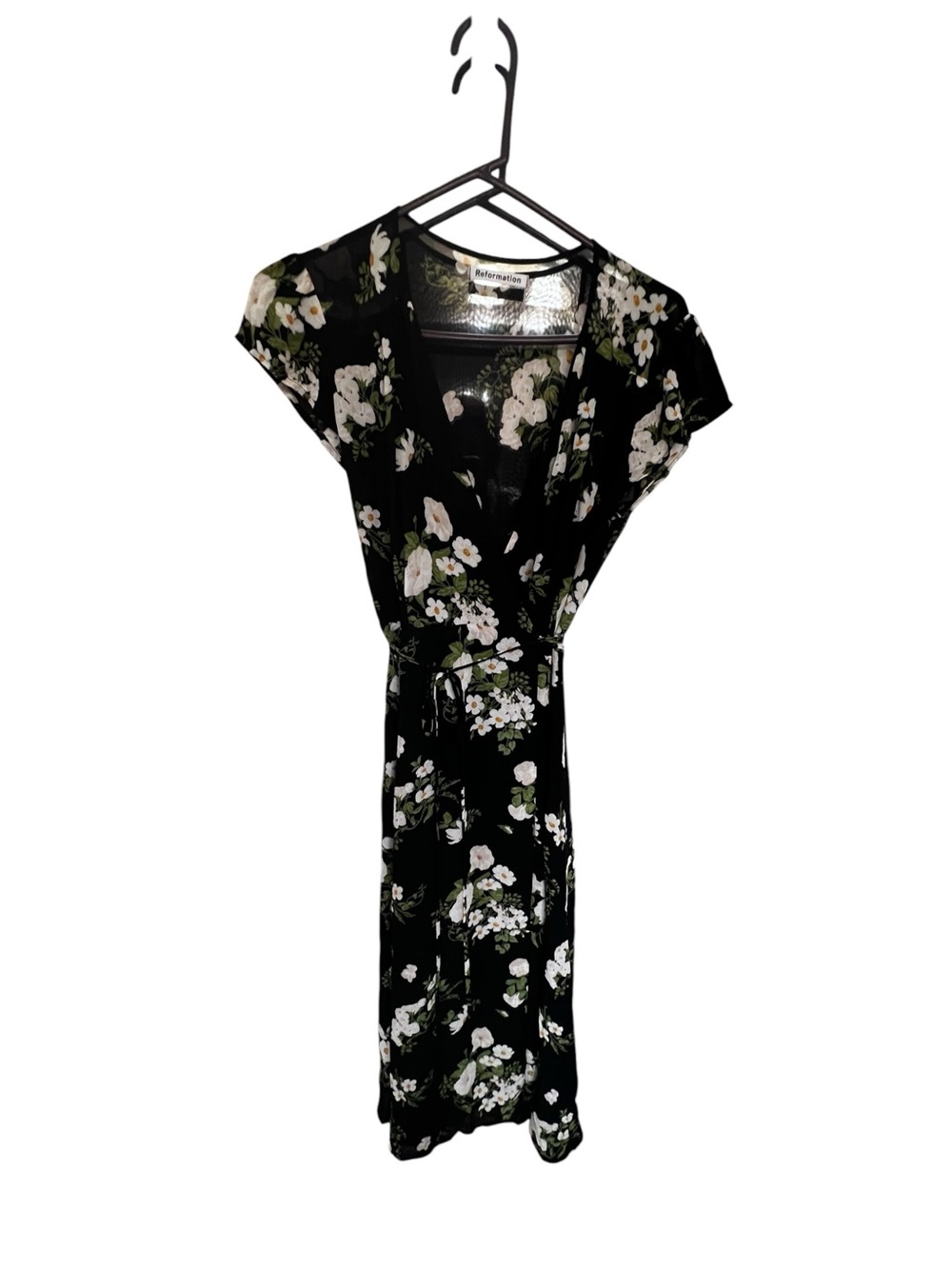 Reformation Black Floral Dress with White and Green Blooms